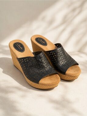 Clarks Artisan Black Leather Cutout Wedge Sandals | Boho Coastal